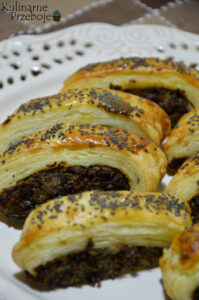 Puff pastry pies with cabbage and mushrooms